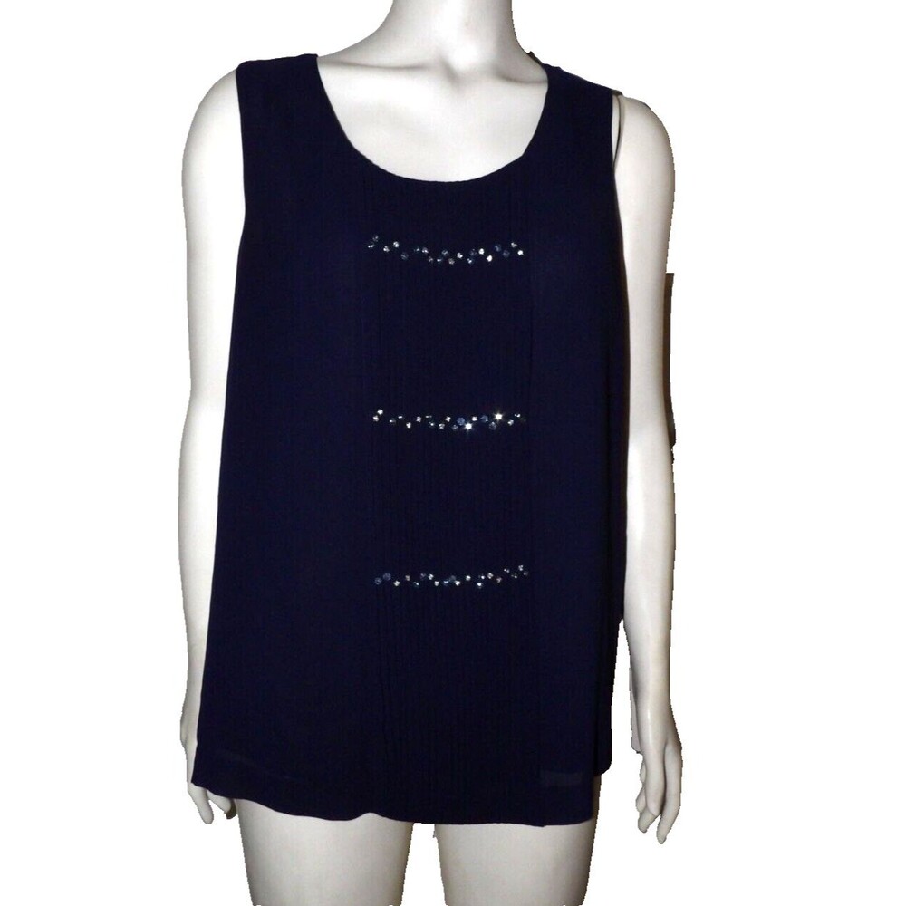 Coldwater Creek Navy Blue Embellished Rhinestone Tank Size M 10-12 Layered Slits